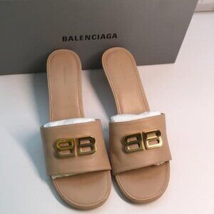 New Authentic Balenciaga BB Logo Leather Mules – Nude/Beige